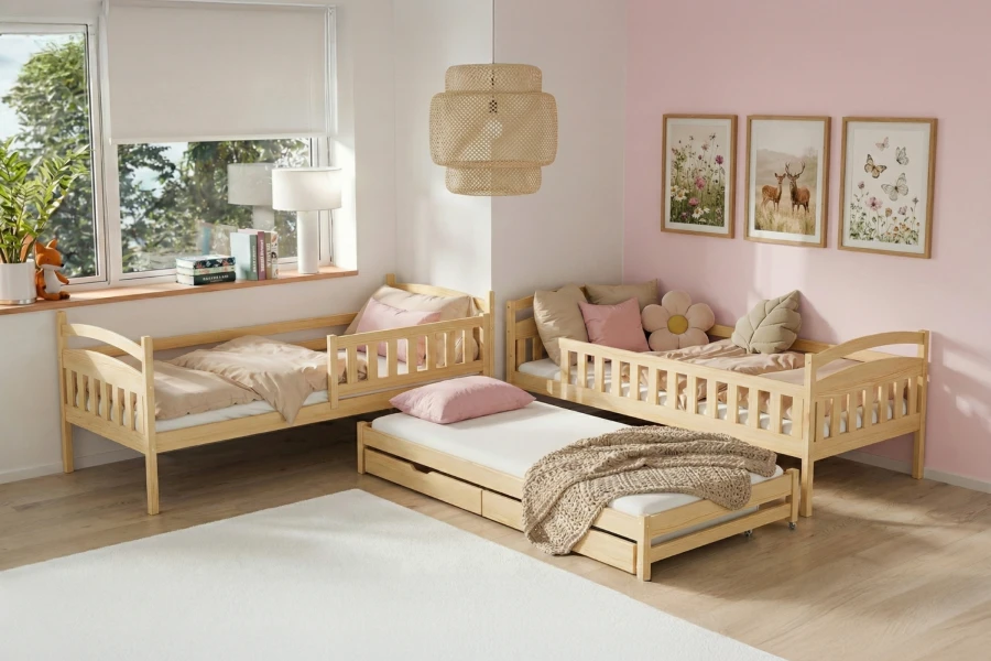Kinderzimmer-Set mit zwei Holzbetten und einem ausziehbaren Gästebett in modernem Design.