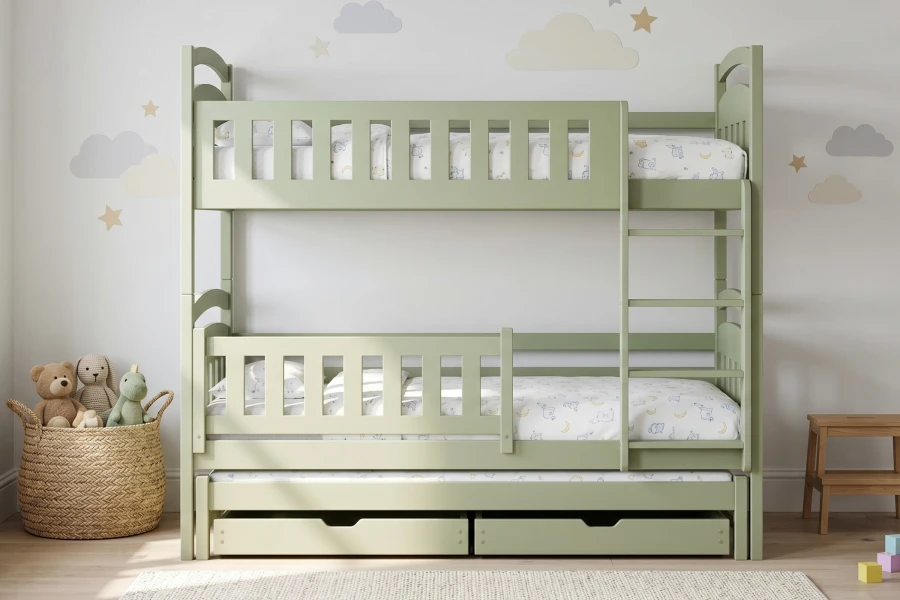 Salbeigrünes Etagenbett für Kinder mit drittem Ausziehbett und zwei geräumigen Schubfächern.
