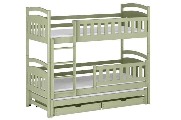 Salbeigrünes Stockbett mit integriertem Gästebett und Stauraumschubladen auf weißem Hintergrund.