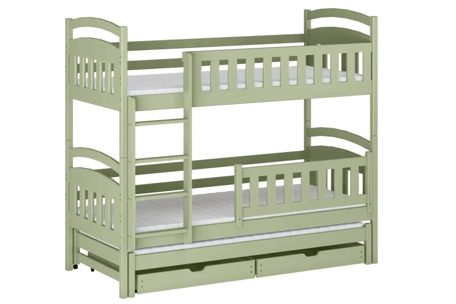 Freigestelltes salbeigrünes Etagenbett mit Leiter, ausziehbarer Matratze und zwei Bettschubkästen.