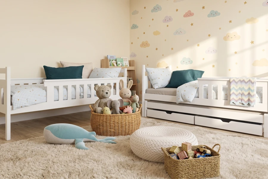 Two separate white children's beds in a bright playroom.