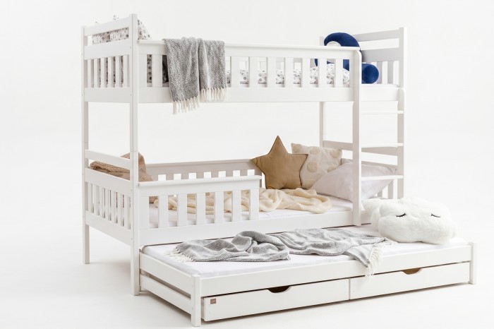 Weißes Etagenbett für Kinder mit drittem Ausziehbett und Schubladen auf weißem Hintergrund.
