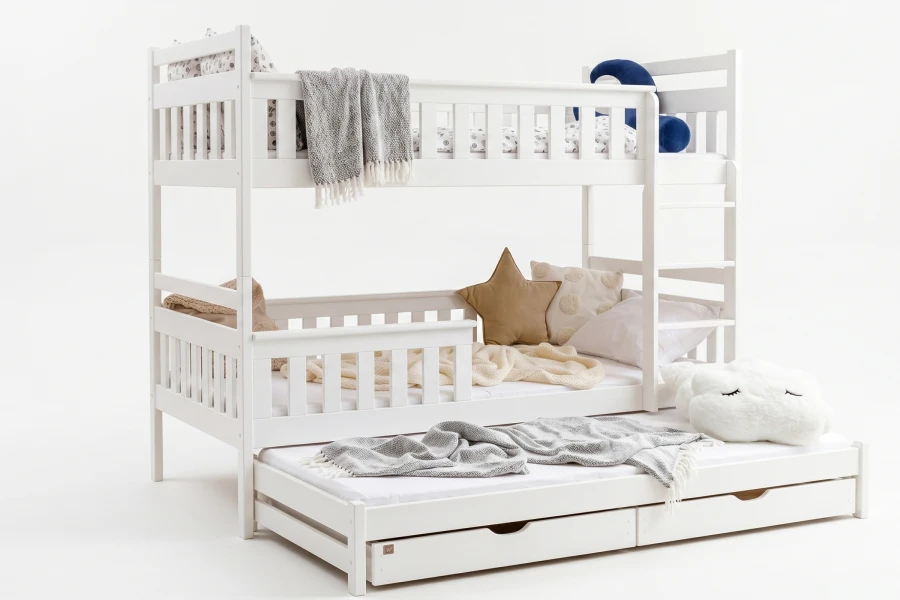 Modern white bunk bed with additional guest bed on a white background.
