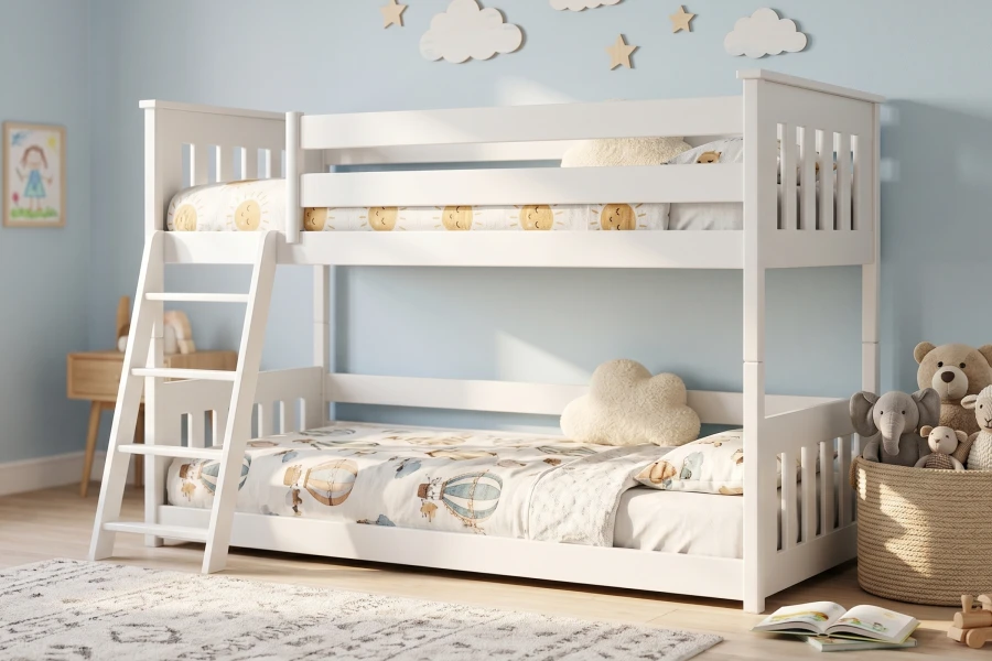 Weißes Etagenbett aus Holz im Kinderzimmer mit Heißluftballon-Bettwäsche und Leiter