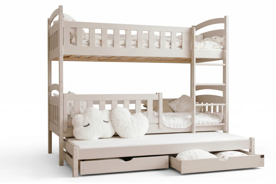 Platzsparendes Dreier-Etagenbett in Beige mit Ausziehbett und Schubladen.