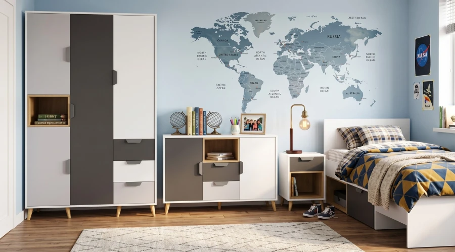 Modernes Jugendzimmer mit grau-weißem Kleiderschrank, Sideboard und Weltkarte.
