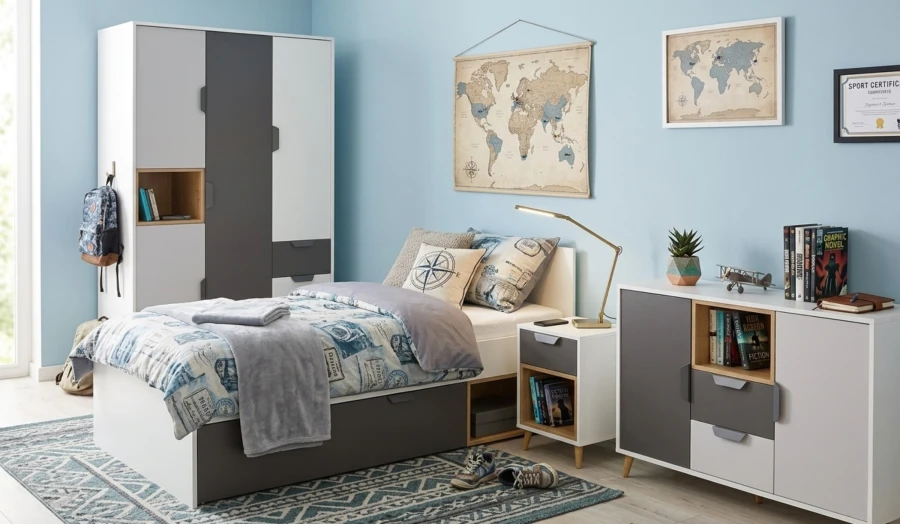 Komplettes Jugendzimmer Möbelset in Weiß-Grau mit Bett, Nachttisch und Stauraum-Kommode.