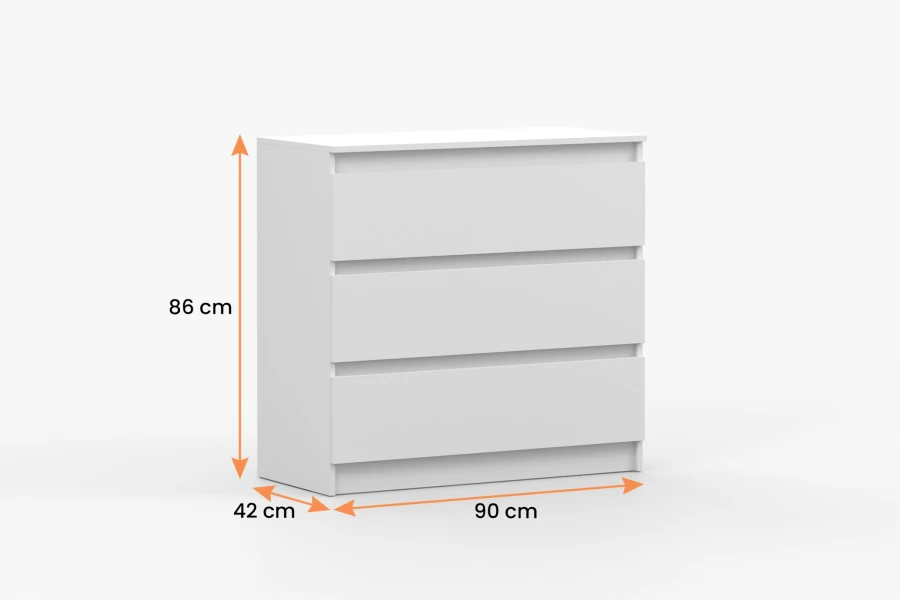Moderne weiße Kommode mit 3 Schubladen, Maße 90x86x42 cm, ideal für mehr Stauraum.