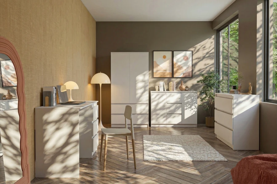Stilvoll eingerichtetes Zimmer mit weißen Möbeln aus der Simo Kollektion in zeitlosem Design.