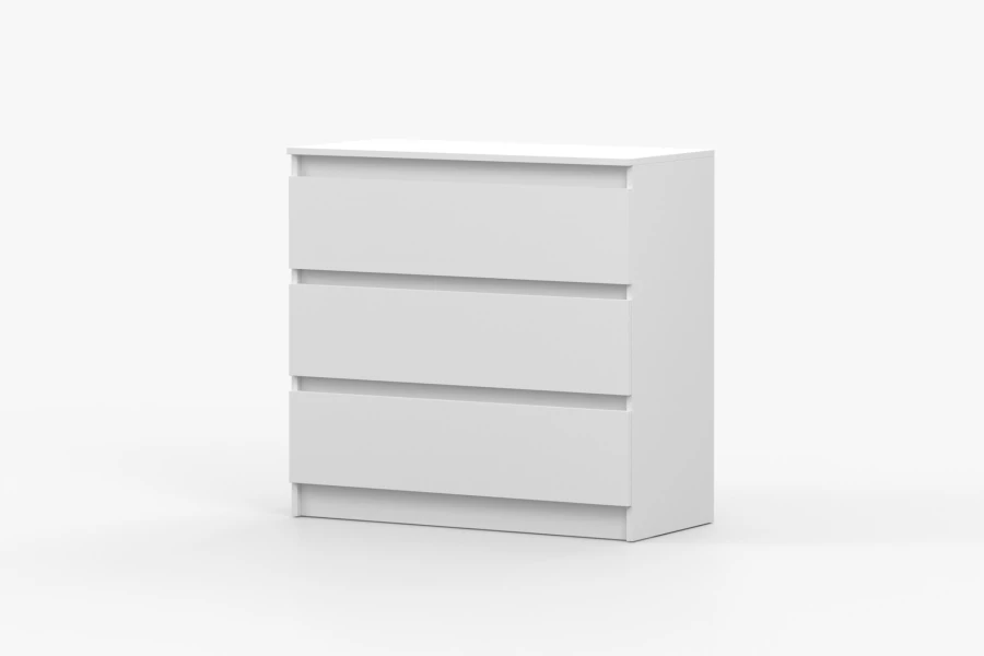 Weiße Kommode mit 3 Schubladen, griffloses Design auf weißem Hintergrund isoliert.