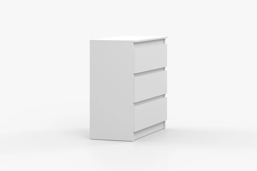 Seitliche Ansicht einer weißen Kommode mit drei Fächern im minimalistischen Stil.
