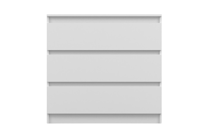 Moderne weiße Kommode mit 3 grifflosen Schubladen, minimalistisches Design.