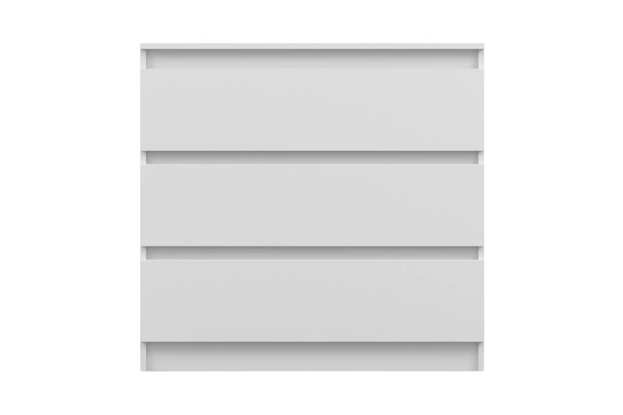 Moderne weiße Kommode mit 3 grifflosen Schubladen, minimalistisches Design.