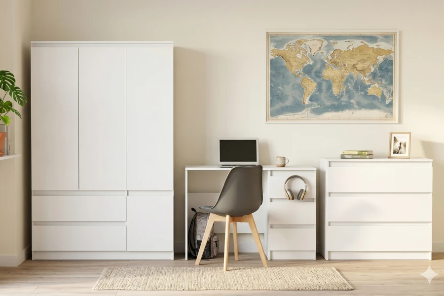 Helles Zimmer-Set mit weißem Kleiderschrank, Schreibtisch und Kommode, moderne Inneneinrichtung.