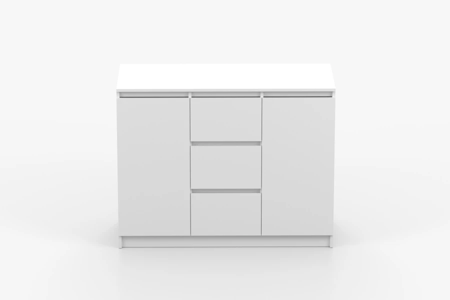 Frontale Ansicht Sideboard Weiß, 3 Schubfächer in der Mitte, zeitloses Möbelstück.
