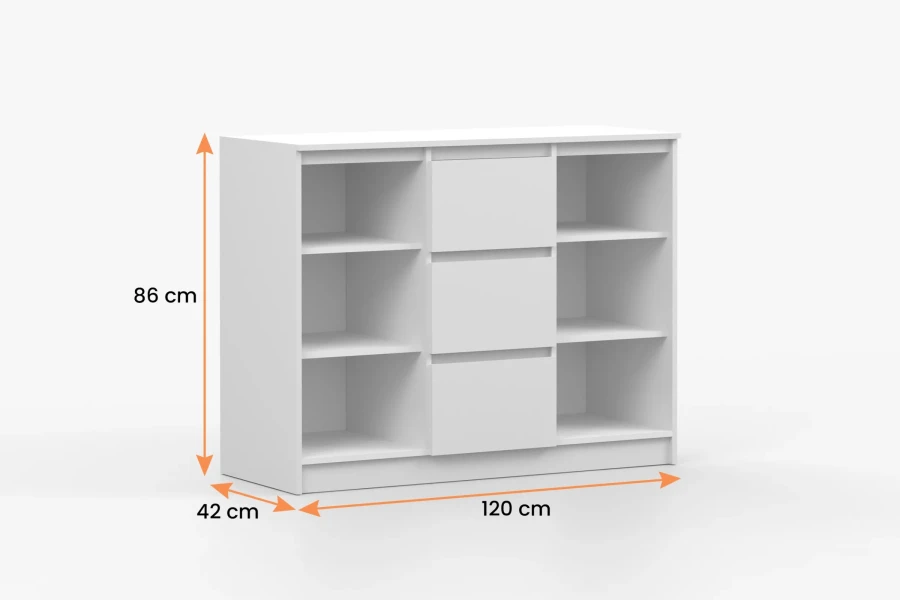 Sideboard-Maße: 120x86x42 cm, weiße Kommode mit Ansicht der Innenfächer und Schubladen.