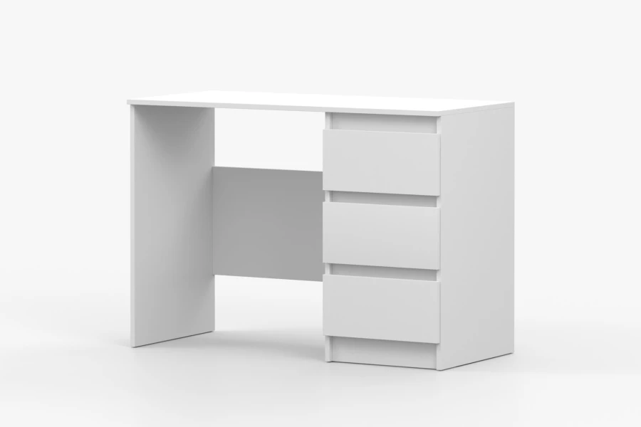 Moderner weißer Schreibtisch mit 3 Schubladen, schräge Seitenansicht vor weißem Hintergrund.