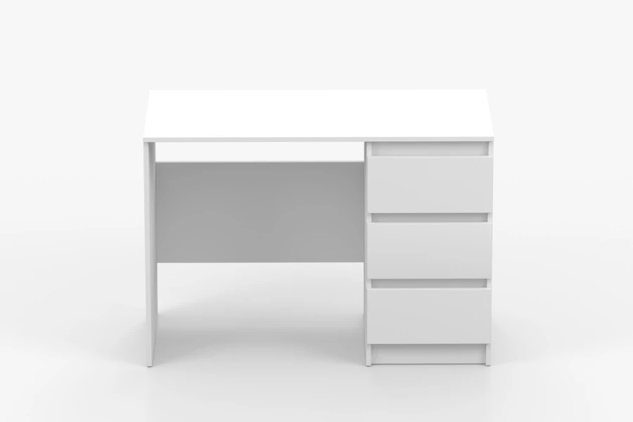 Vorderansicht eines weißen Schreibtischs mit drei grifflosen Schubladen, minimalistisch.