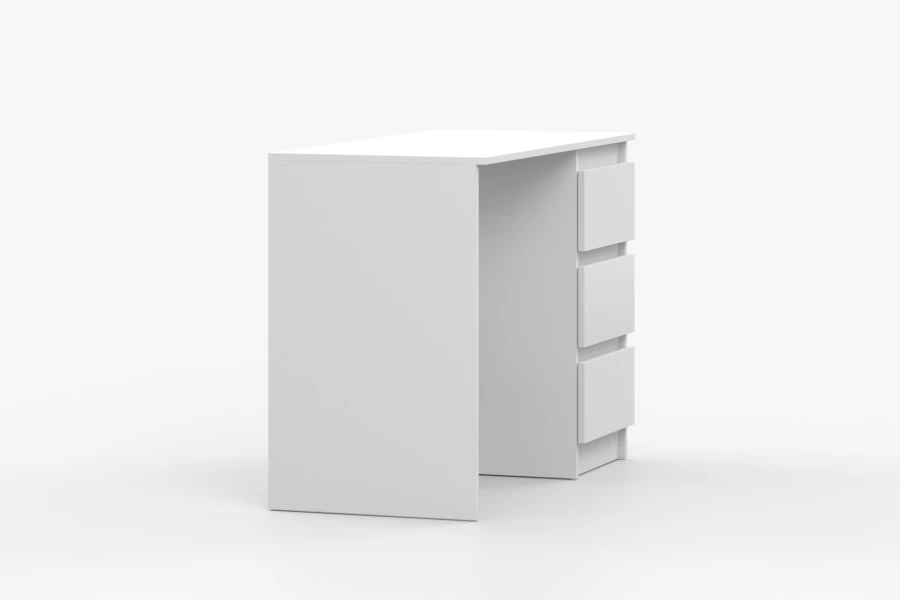 Seiten- und Rückansicht eines kompakten weißen Arbeitstischs für das Home Office.
