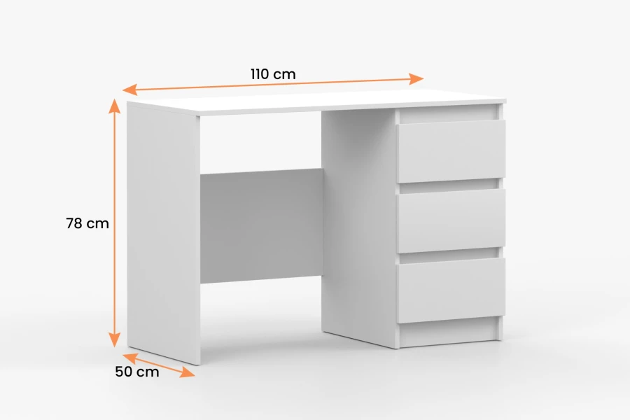Abmessungen des weißen Computertischs: Breite 110 cm, Höhe 78 cm, Tiefe 50 cm.