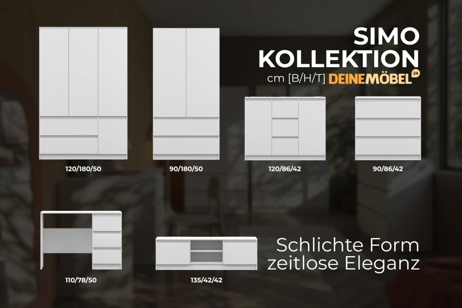 Maße der Simo Kollektion: Übersicht von Kleiderschrank, Kommode und Schreibtisch in schlichtem weißem Design.