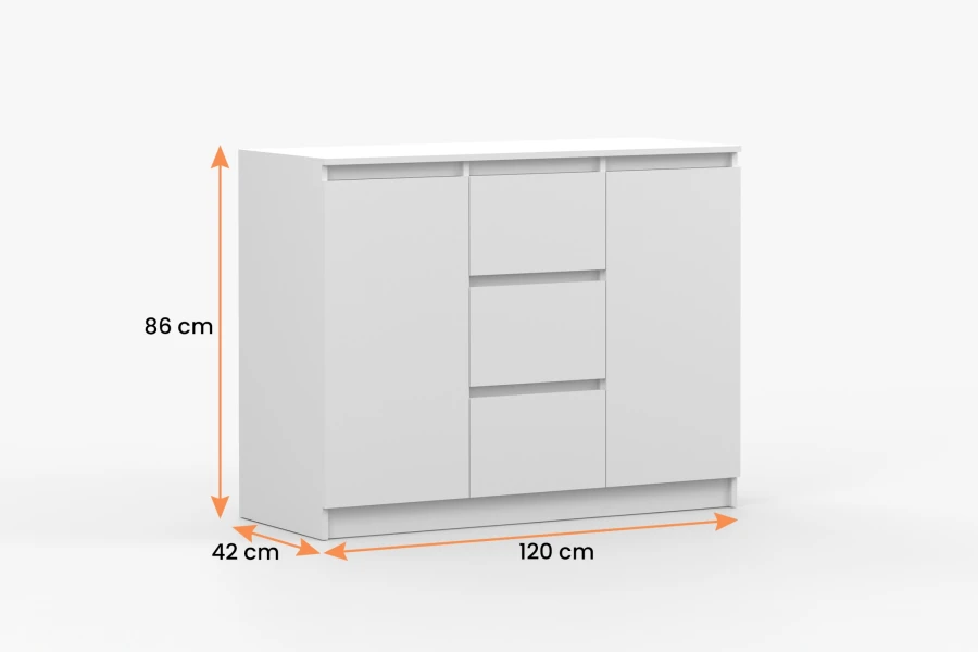 Abmessungen der weißen Kommode: 120cm x 86cm x 42cm