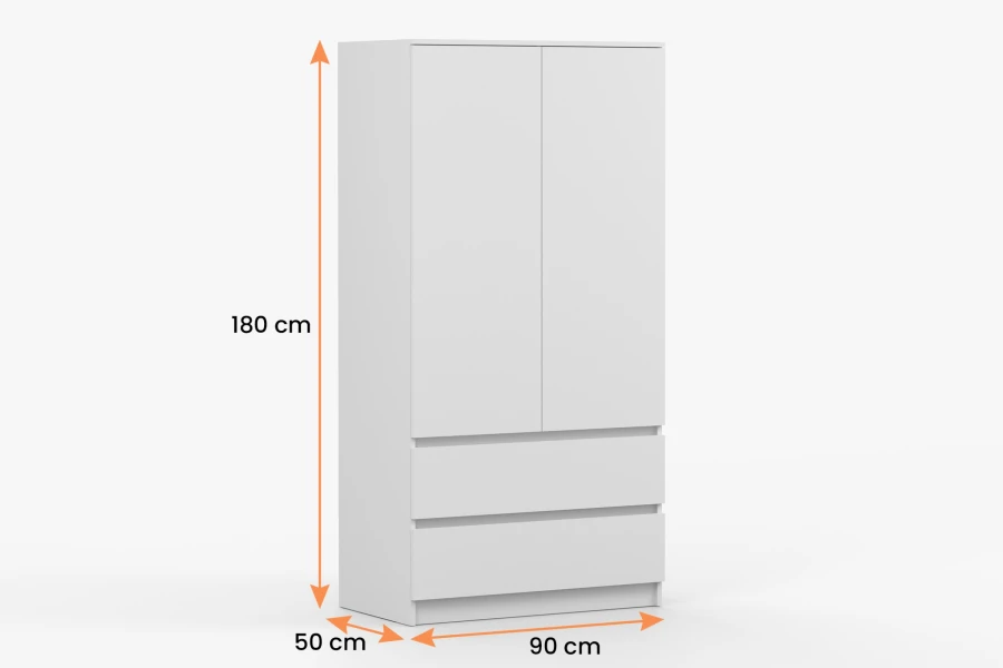 Weißer Kleiderschrank Maße: 180 cm Höhe, 90 cm Breite und 50 cm Tiefe.
