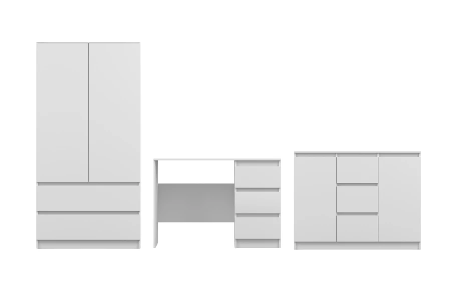 3-teiliges Möbelset in Weiß: Kleiderschrank, Schreibtisch und Sideboard für das Zimmer.