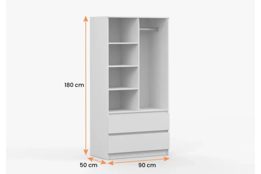 Innenaufteilung weißer Kleiderschrank mit Fächern, Kleiderstange und Schubladen.