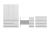 Set aus weißem Kleiderschrank, Schreibtisch und Kommode in modernem, schlichtem Design.
