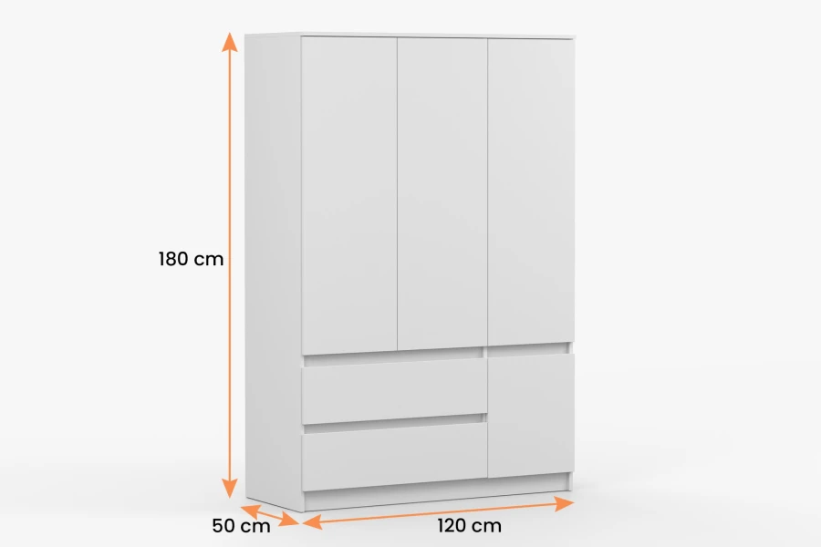 Maßangaben für den weißen Kleiderschrank: 180 cm Höhe, 120 cm Breite und 50 cm Tiefe.