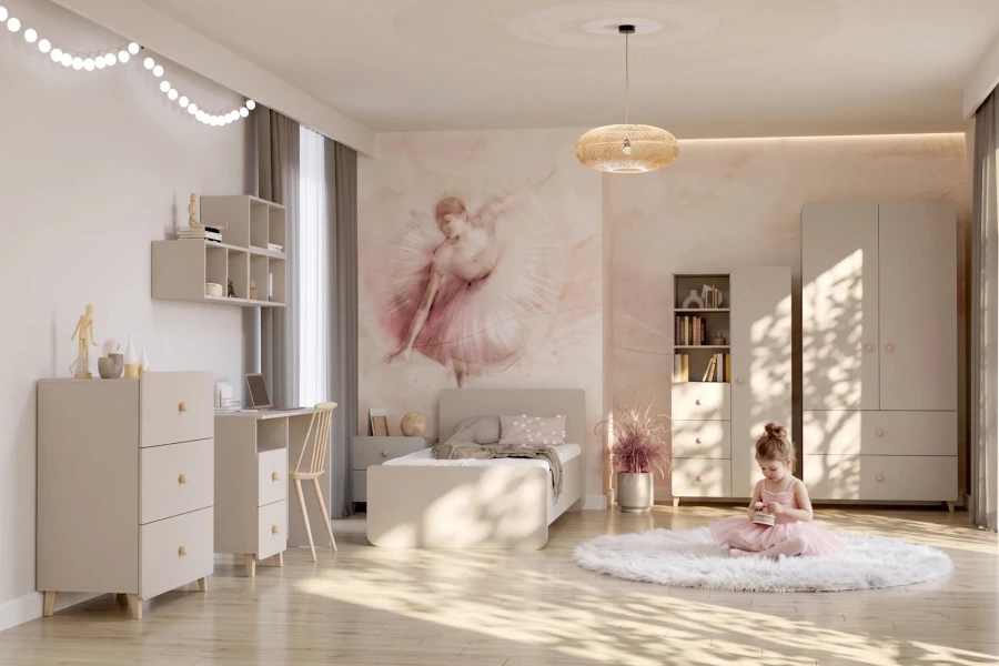 Gemütliches Kinderzimmer mit Ballerina-Wandbild, Bett und kompletten beigen Möbelset.