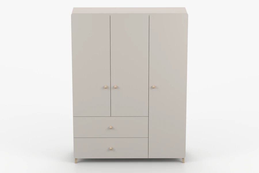 Moderner 3-türiger Kleiderschrank in Beige mit zwei Schubladen und runden Holzgriffen.