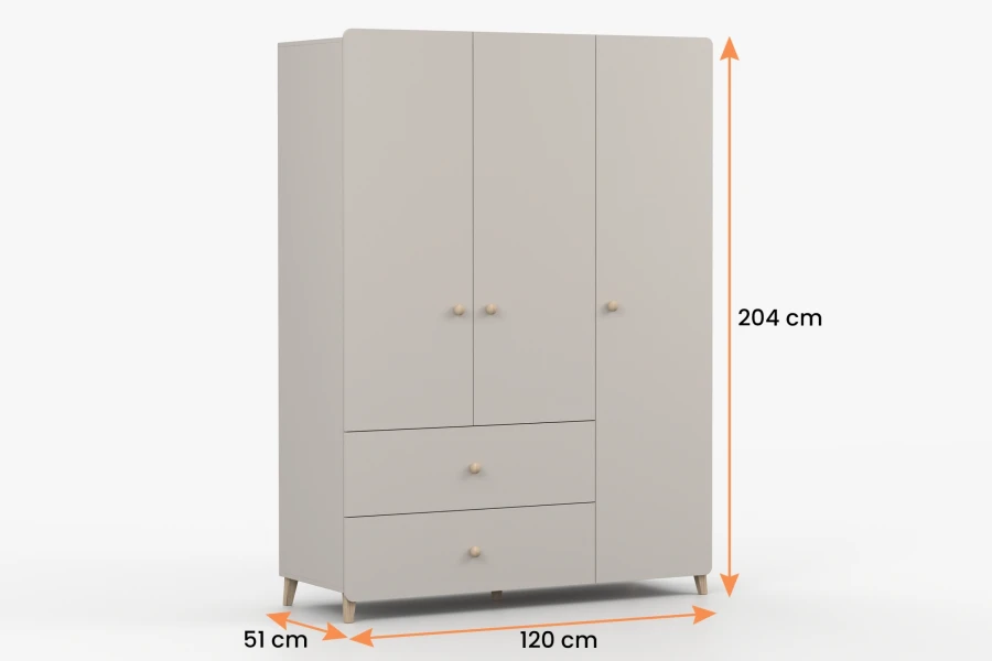 Abmessungen des Kleiderschranks: 204 cm hoch, 120 cm breit, 51 cm tief.