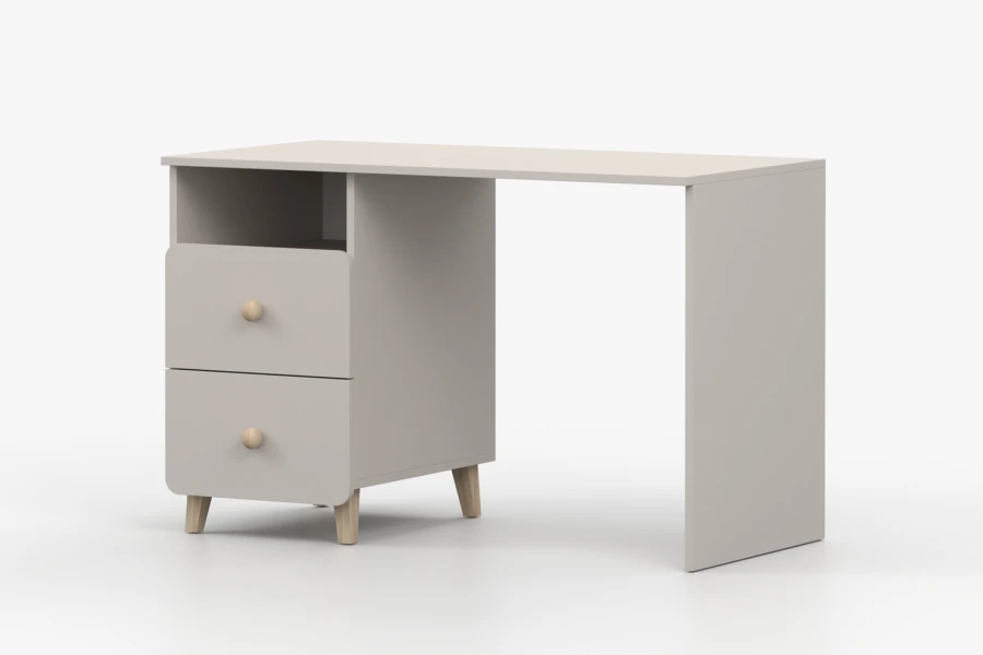 Beiger Kinder-Schreibtisch in minimalistischem Design mit praktischen Schubladen.