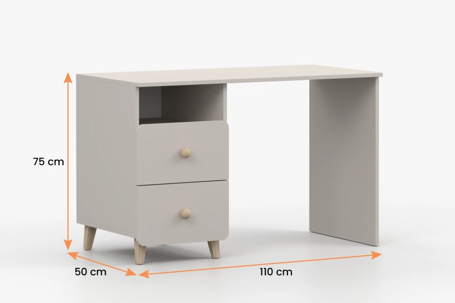 Abmessungen des Schreibtischs: 110 cm Breite, 50 cm Tiefe und 75 cm Höhe.