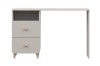 Frontansicht eines minimalistischen Schreibtisches in Beige mit runden Holzgriffen.