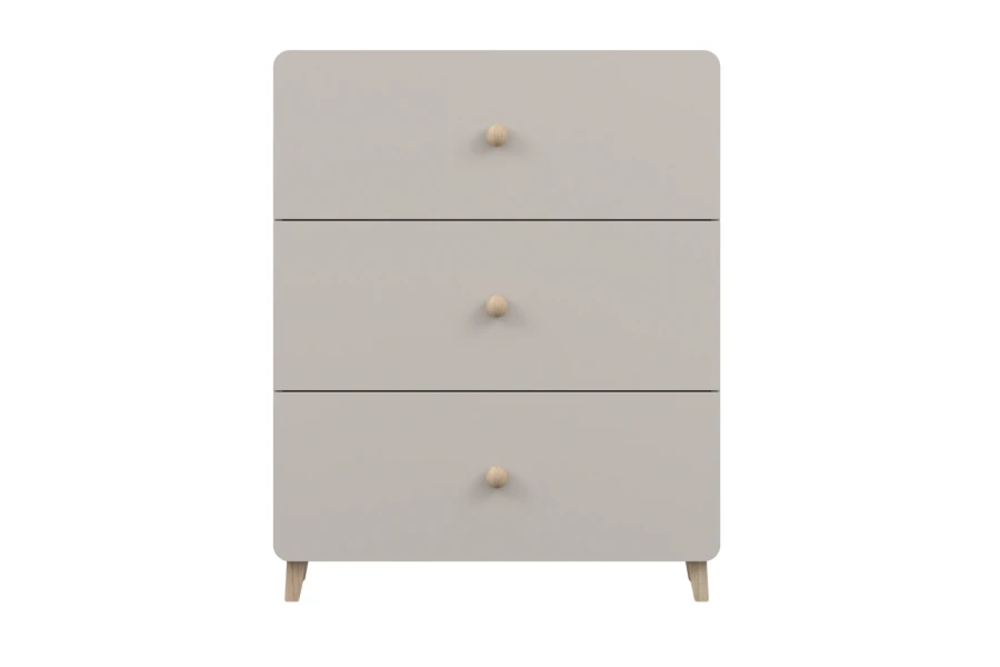 Graue Kommode mit drei Schubladen und Holzgriffen im skandinavischen Design.