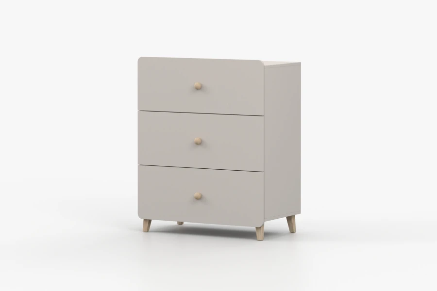 Beigefarbene Kommode mit 3 Schubladen und Holzfüßen, moderne Schrägansicht.