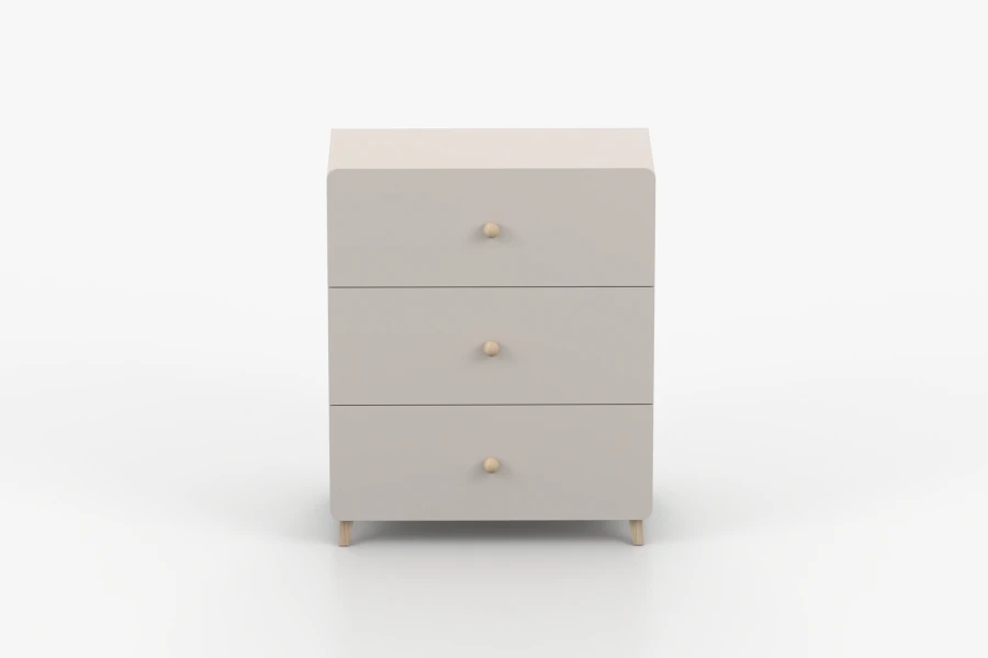 Frontansicht einer hellgrauen Kommode mit minimalistischem Design und Holzknäufen.