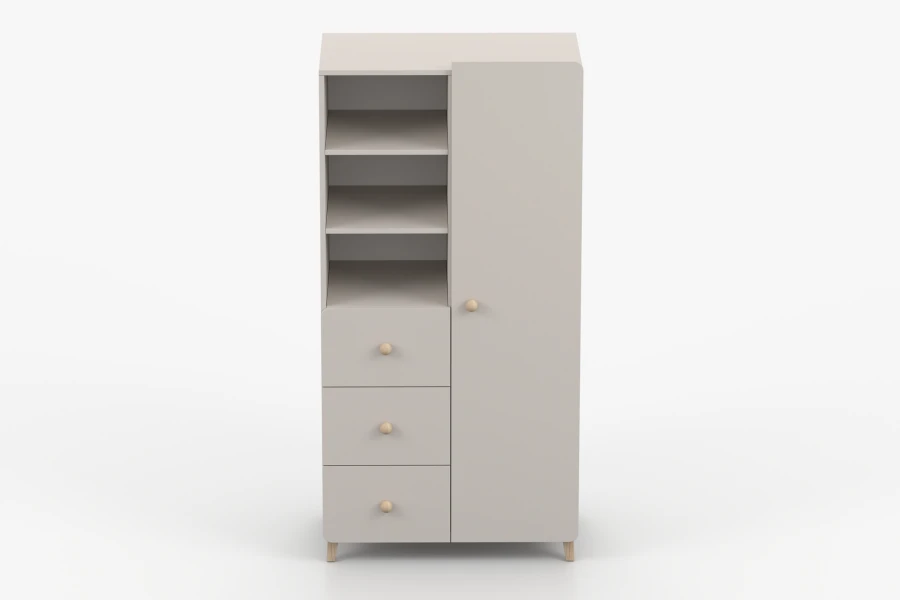 Vorderansicht: Beiger Kinderschrank mit 3 Schubladen, Tür und offenen Regalfächern aus Holz.