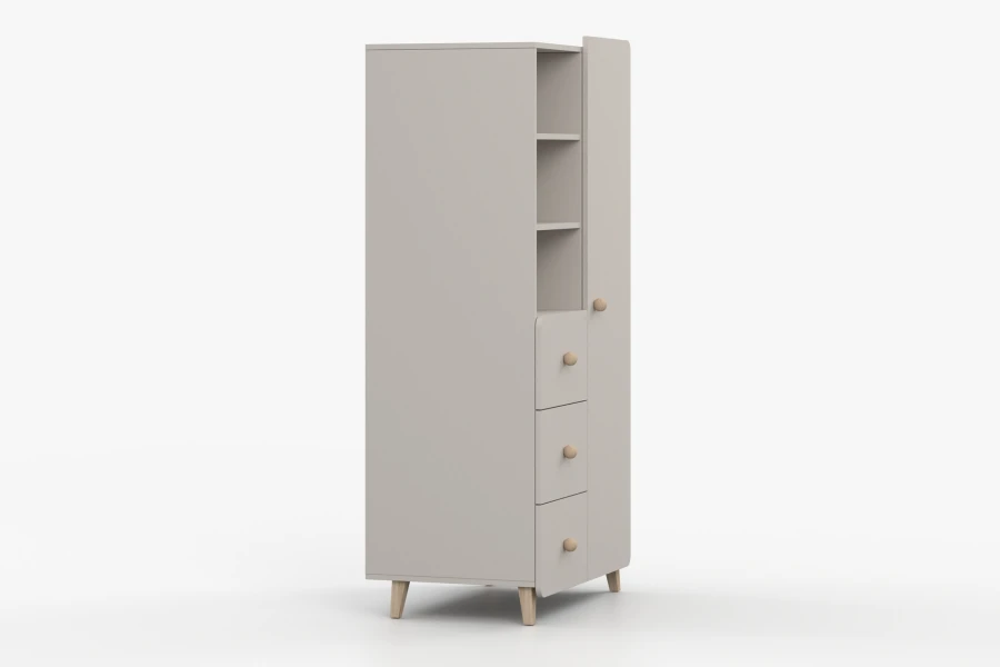 Moderner Kombischrank in Beige, schräge Seitenansicht mit Fokus auf Stauraum