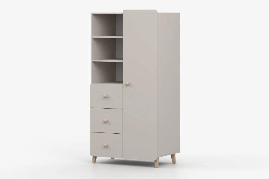 Stilvoller Kinderzimmerschrank in Beige mit Holzfüßen und Griffen, Seitenansicht