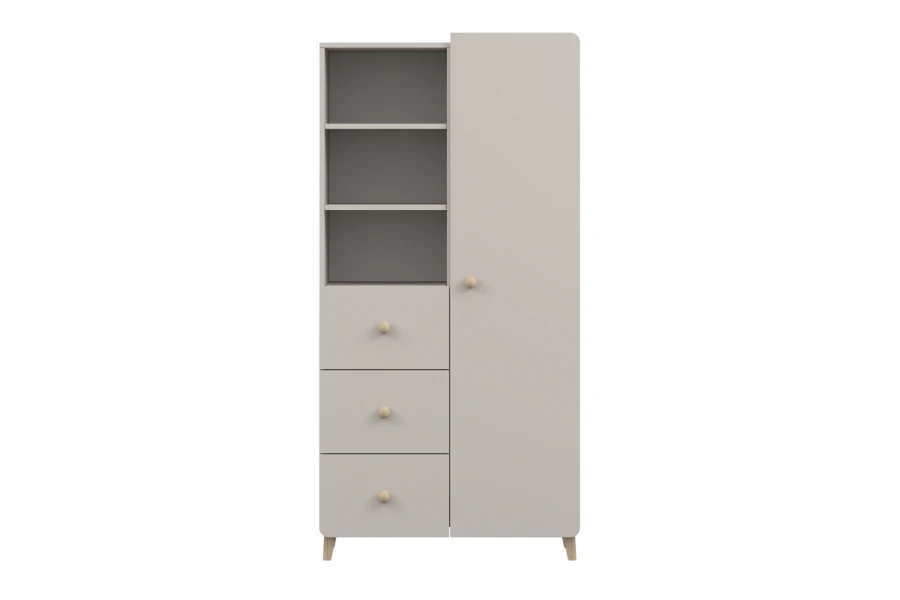 Grauer Schrank mit einer Tür, drei Schubladen und offenen Fächern im skandinavischen Design.
