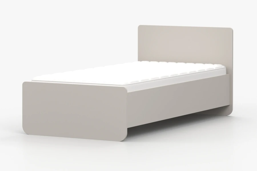 Modernes beiges Einzelbett mit weißer Matratze in perspektivischer Ansicht