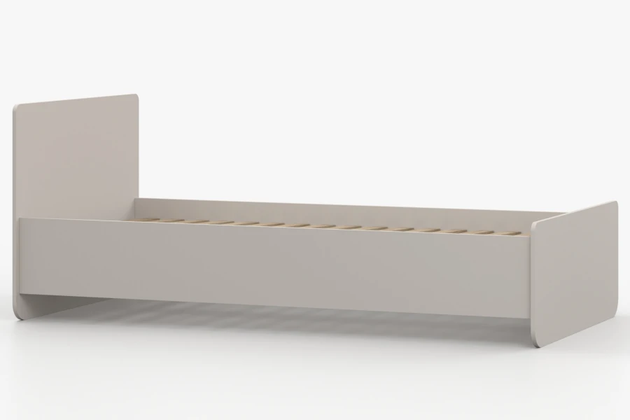 Einzelbett-Gestell in Beige mit Holzlattenrost, Seitenansicht