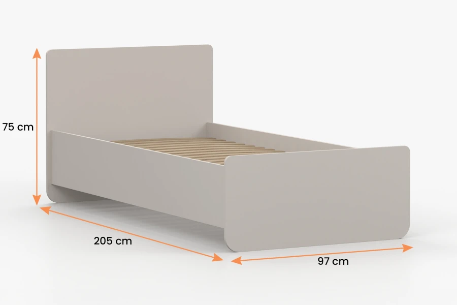 Maßangaben für beige Einzelbett: 205 cm Länge, 97 cm Breite, 75 cm Höhe.