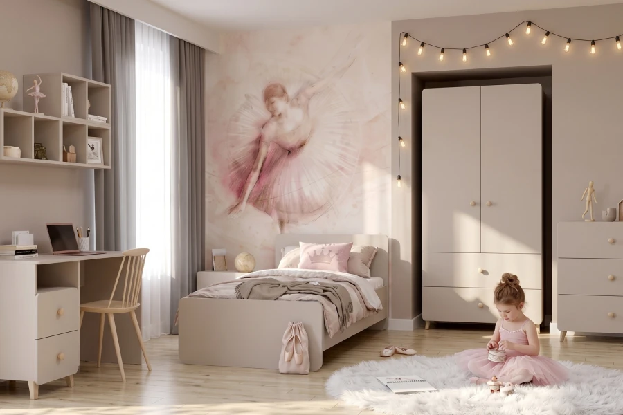 Mädchenzimmer-Einrichtung mit Ballerina-Motiv, beigem Bett, Schreibtisch und Kleiderschrank.