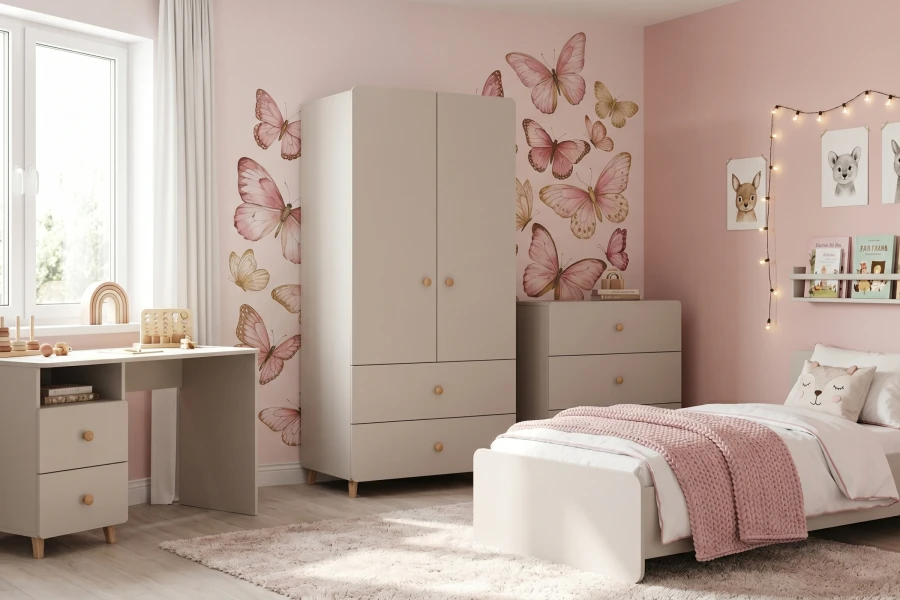 Gemütliches Kinderzimmer mit Schmetterlings-Wandtattoos, Bett und passenden beige Möbeln der Marco Kollektion.