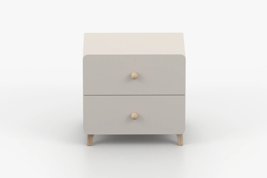 Beiger Nachttisch mit zwei Schubladen und Holzfüßen im skandinavischen Design für Kinderzimmer.